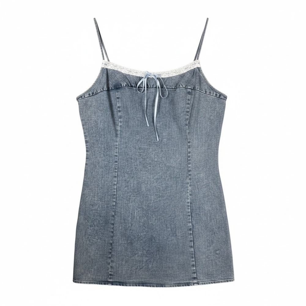 Fashion Nova Pixie Denim Micro Mini Dress Womens 2X Light Wash Lace Trim Bow NEW